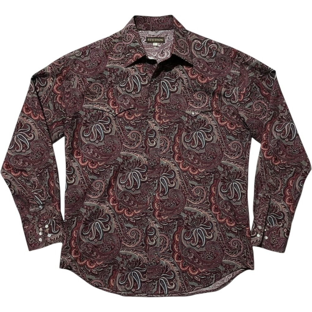 Stetson Mens Paisley Western Snap Shirt Burgundy Grey Long Sleeve Cotton Large